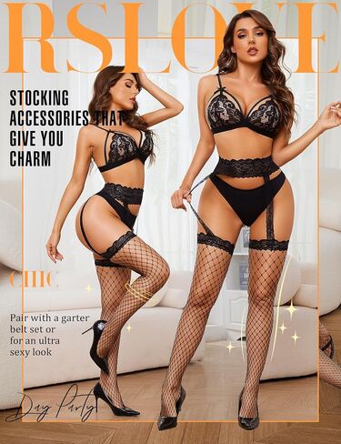 RSLOVE Fishnet Stockings for Women - Lace Top Thigh High Stockings Suspender Pantyhose with Antiskid Silicone in Kuwait