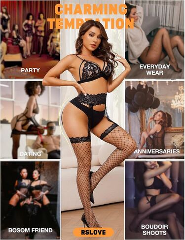 RSLOVE Fishnet Stockings for Women - Lace Top Thigh High Stockings Suspender Pantyhose with Antiskid Silicone in Kuwait