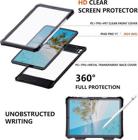 متوافق مع حافظة iPad Pro 11 بوصة M4 2024 المقاومة للماء، مقاومة للسقوط بدرجة 360 درجة، مع حامل حزام، واقي شاشة شفاف، حامل أقلام مدمج لجهاز iPad pro 11 2024 - أزرق مخضر in Kuwait