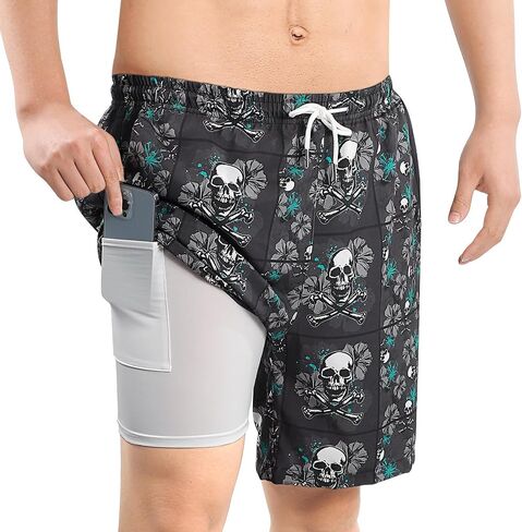 Men's Swim Trunks Print 2 in 1 Compression Liner Bathing Swimsuits 7" Quick Dry Beach Board Shorts with 4 Pockets in Saudi Arabia