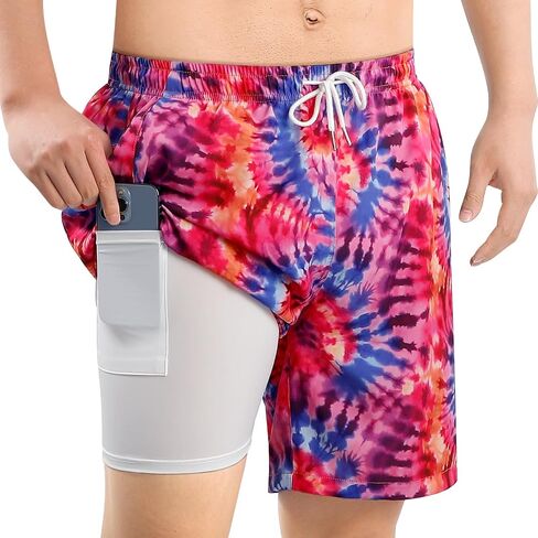 Men's Swim Trunks Print 2 in 1 Compression Liner Bathing Swimsuits 7" Quick Dry Beach Board Shorts with 4 Pockets in Saudi Arabia