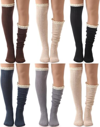 SYHOITE 6 Pack Cotton Cotton Boot Socks Women الركبة الجوارب الجوارب عالية الجوارب مع جوارب بوتيك الدانتيل الجوارب الدانتيل الجوارب الحذاء طويل القامة على الجوارب عالية الفخذ للنساء ، الكاكي القهوة البحرية الرمادية سوداء سوداء in Saudi Arabia