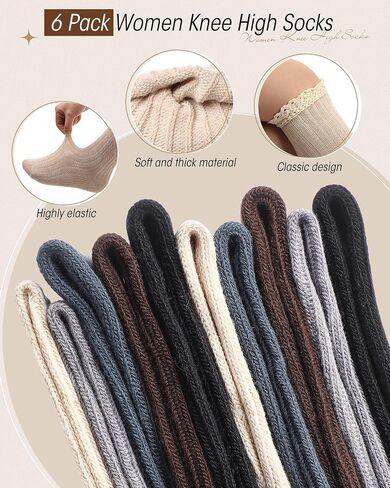 SYHOITE 6 Pack Cotton Cotton Boot Socks Women الركبة الجوارب الجوارب عالية الجوارب مع جوارب بوتيك الدانتيل الجوارب الدانتيل الجوارب الحذاء طويل القامة على الجوارب عالية الفخذ للنساء ، الكاكي القهوة البحرية الرمادية سوداء سوداء in Saudi Arabia