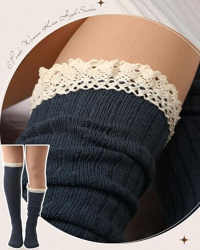 SYHOITE 6 Pack Cotton Cotton Boot Socks Women الركبة الجوارب الجوارب عالية الجوارب مع جوارب بوتيك الدانتيل الجوارب الدانتيل الجوارب الحذاء طويل القامة على الجوارب عالية الفخذ للنساء ، الكاكي القهوة البحرية الرمادية سوداء سوداء in Saudi Arabia