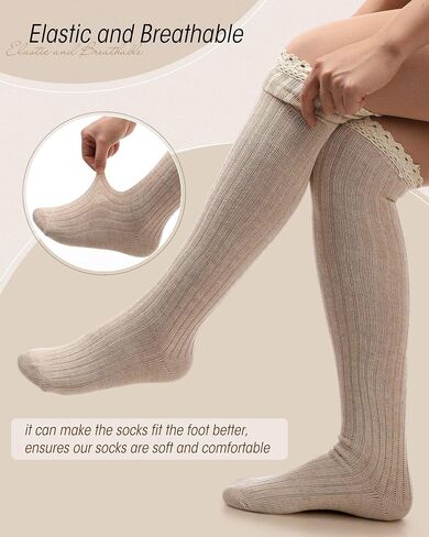SYHOITE 6 Pack Cotton Cotton Boot Socks Women الركبة الجوارب الجوارب عالية الجوارب مع جوارب بوتيك الدانتيل الجوارب الدانتيل الجوارب الحذاء طويل القامة على الجوارب عالية الفخذ للنساء ، الكاكي القهوة البحرية الرمادية سوداء سوداء in Saudi Arabia