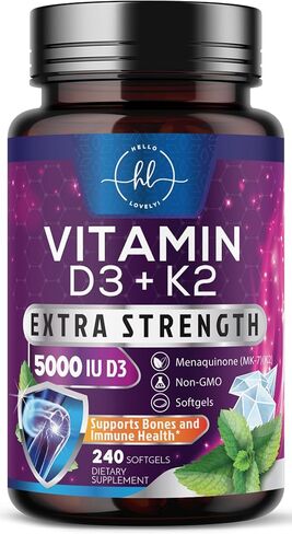 فيتامين D3 K2 - فاعلية عالية 5000IU D3 (125MCG) و 100 MCG K2 (MK7) لامتصاص الكالسيوم ، العظام ، الأسنان ، دعم القلب والمناعة ، من السهل ابتلاع D&K COMPLETION in Kuwait