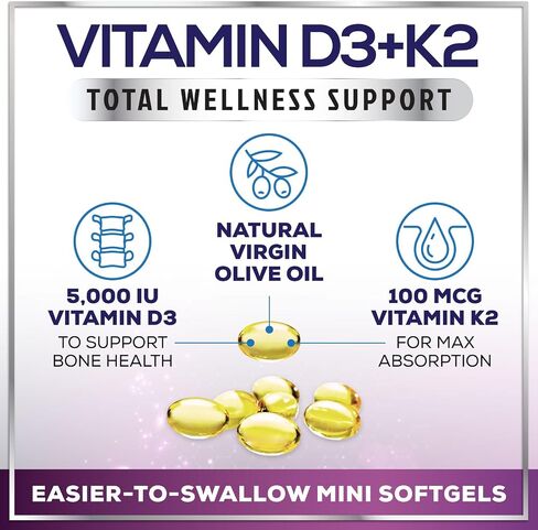 فيتامين D3 K2 - فاعلية عالية 5000IU D3 (125MCG) و 100 MCG K2 (MK7) لامتصاص الكالسيوم ، العظام ، الأسنان ، دعم القلب والمناعة ، من السهل ابتلاع D&K COMPLETION in Kuwait