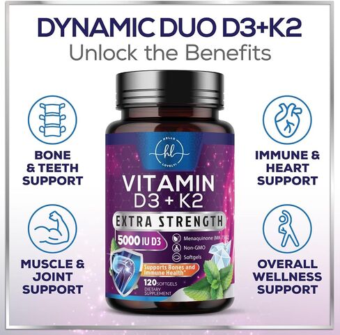 فيتامين D3 K2 - فاعلية عالية 5000IU D3 (125MCG) و 100 MCG K2 (MK7) لامتصاص الكالسيوم ، العظام ، الأسنان ، دعم القلب والمناعة ، من السهل ابتلاع D&K COMPLETION in Kuwait