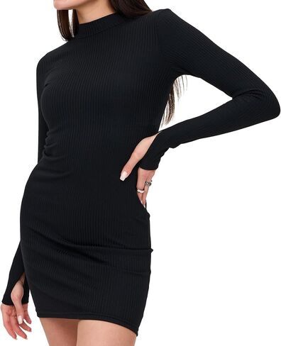 Women’s Long Sleeve Mini Dress - Sexy Black Ribbed Bodycon - Short, Longsleeve, Fitted, Basic Dresses in Saudi Arabia