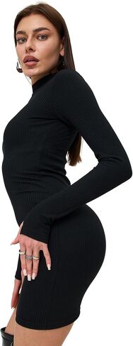 Women’s Long Sleeve Mini Dress - Sexy Black Ribbed Bodycon - Short, Longsleeve, Fitted, Basic Dresses in Saudi Arabia