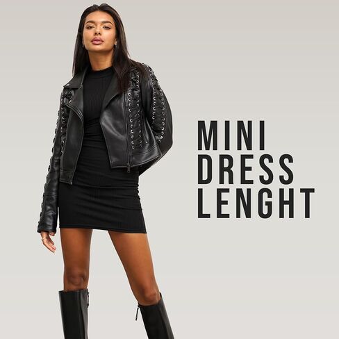 Women’s Long Sleeve Mini Dress - Sexy Black Ribbed Bodycon - Short, Longsleeve, Fitted, Basic Dresses in Saudi Arabia