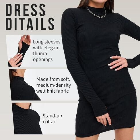 Women’s Long Sleeve Mini Dress - Sexy Black Ribbed Bodycon - Short, Longsleeve, Fitted, Basic Dresses in Saudi Arabia