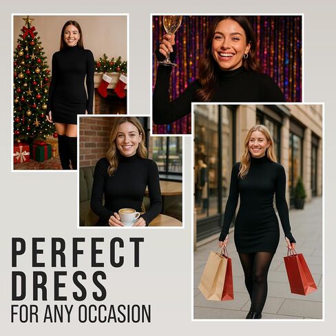 Women’s Long Sleeve Mini Dress - Sexy Black Ribbed Bodycon - Short, Longsleeve, Fitted, Basic Dresses in Saudi Arabia
