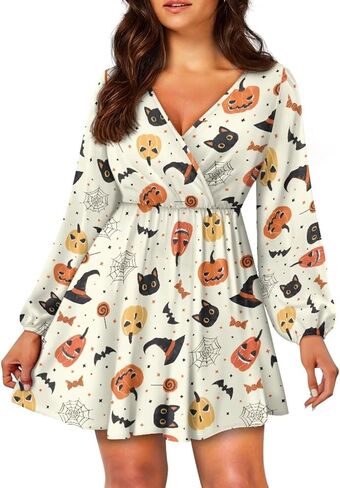 Women's V Neck Long Sleeve Flowy Dress - Empire Empire Weist Mini Holiday Outfits Swing Skater in Kuwait
