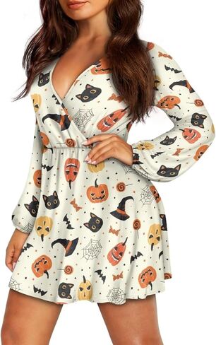 Women's V Neck Long Sleeve Flowy Dress - Empire Empire Weist Mini Holiday Outfits Swing Skater in Kuwait
