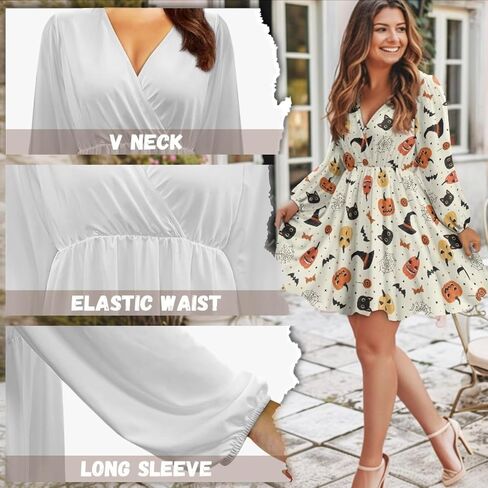Women's V Neck Long Sleeve Flowy Dress - Empire Empire Weist Mini Holiday Outfits Swing Skater in Kuwait