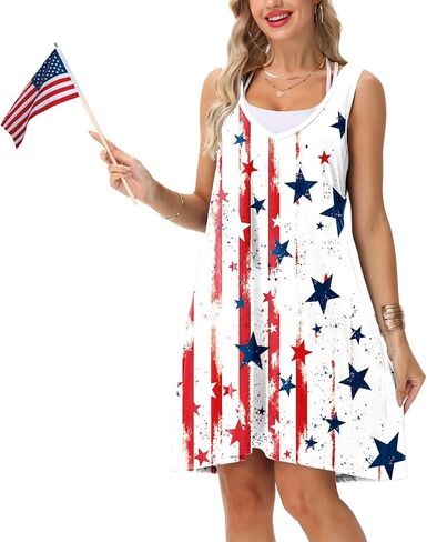 AOBUTE Women 4th of July Sleeveless Dress Patriotic V Neck Dresses in Kuwait