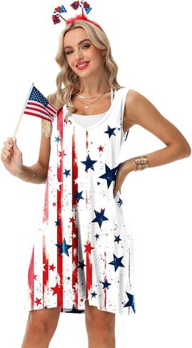 AOBUTE Women 4th of July Sleeveless Dress Patriotic V Neck Dresses in Kuwait