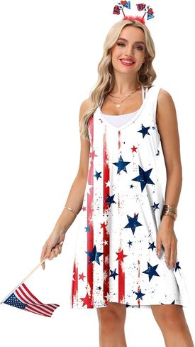 AOBUTE Women 4th of July Sleeveless Dress Patriotic V Neck Dresses in Kuwait