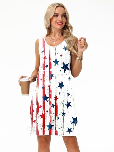 AOBUTE Women 4th of July Sleeveless Dress Patriotic V Neck Dresses in Kuwait