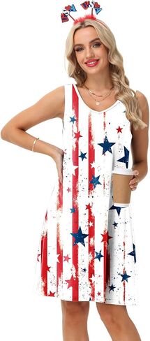 AOBUTE Women 4th of July Sleeveless Dress Patriotic V Neck Dresses in Kuwait