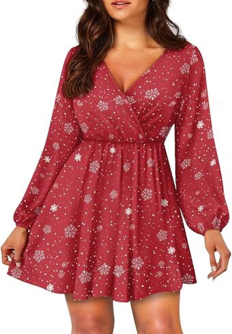 Women's V Neck Long Sleeve Flowy Dress - Empire Empire Weist Mini Holiday Outfits Swing Skater in Kuwait