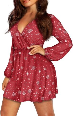 Women's V Neck Long Sleeve Flowy Dress - Empire Empire Weist Mini Holiday Outfits Swing Skater in Kuwait