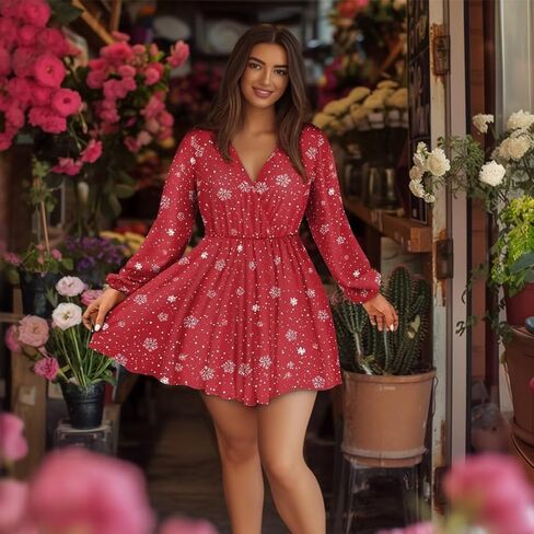 Women's V Neck Long Sleeve Flowy Dress - Empire Empire Weist Mini Holiday Outfits Swing Skater in Kuwait