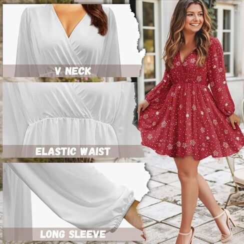 Women's V Neck Long Sleeve Flowy Dress - Empire Empire Weist Mini Holiday Outfits Swing Skater in Kuwait