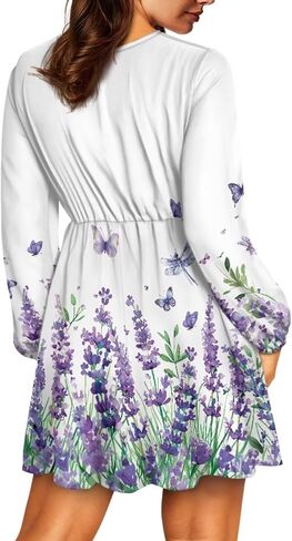 Women's V Neck Long Sleeve Flowy Dress - Casual Empire Waist Mini Holiday Outfits Swing Skater in Kuwait