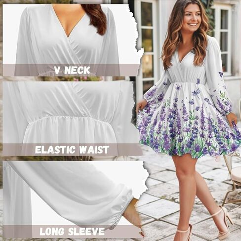 Women's V Neck Long Sleeve Flowy Dress - Casual Empire Waist Mini Holiday Outfits Swing Skater in Kuwait