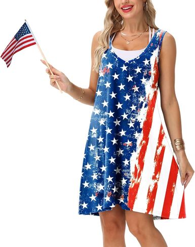 AOBUTE Women 4th of July Sleeveless Dress Patriotic V Neck Dresses in Kuwait