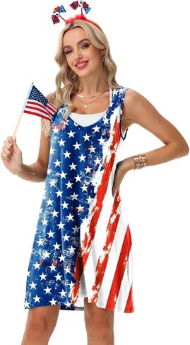 AOBUTE Women 4th of July Sleeveless Dress Patriotic V Neck Dresses in Kuwait