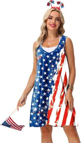 AOBUTE Women 4th of July Sleeveless Dress Patriotic V Neck Dresses in Kuwait