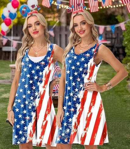 AOBUTE Women 4th of July Sleeveless Dress Patriotic V Neck Dresses in Kuwait