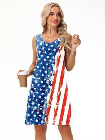 AOBUTE Women 4th of July Sleeveless Dress Patriotic V Neck Dresses in Kuwait