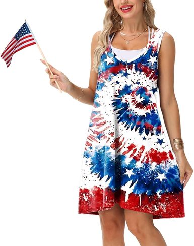 AOBUTE Women 4th of July Sleeveless Dress Patriotic V Neck Dresses in Kuwait
