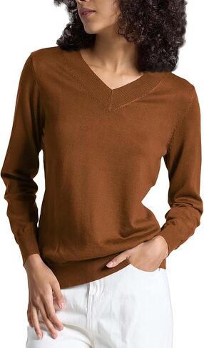 Women's Long-Sleeve Pullover Lightweight Soft V-Neck Casual Sweater Top in Kuwait