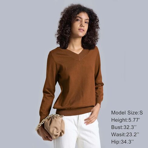 Women's Long-Sleeve Pullover Lightweight Soft V-Neck Casual Sweater Top in Kuwait