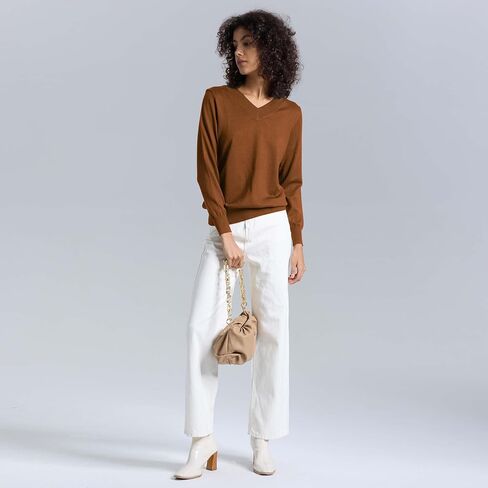Women's Long-Sleeve Pullover Lightweight Soft V-Neck Casual Sweater Top in Kuwait