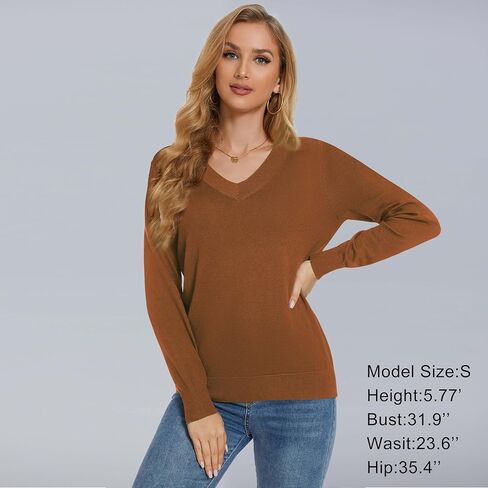 Women's Long-Sleeve Pullover Lightweight Soft V-Neck Casual Sweater Top in Kuwait