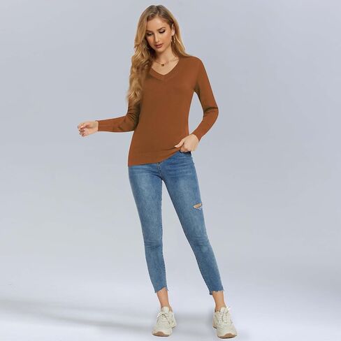 Women's Long-Sleeve Pullover Lightweight Soft V-Neck Casual Sweater Top in Kuwait