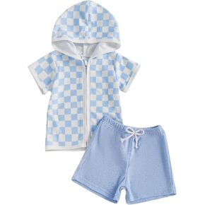 Toddler Baby Boy Hoodie Clothes Set Short Sleeve Hooded Top and Elastic Shorts Summer Outfit