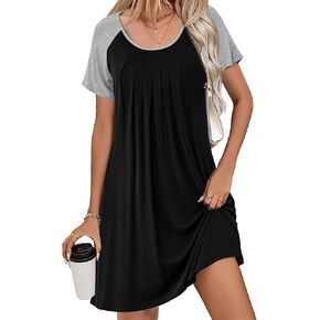 Ekouaer Sleep Shirts for Women Short Sleeve Nightshirts Pleated Nightgowns Loose Fit Night Dress Soft Sleepwear S-3XL