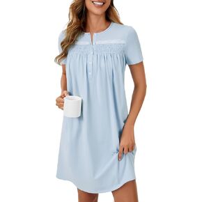 Vrtige Women's Nightgowns Cotton Soft Sleepwear Short Sleeve Comfy Button Loungewear Night Dress