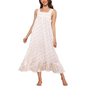 Rubehoow Nightgown Women's Sleeveless House Dress Long Cotton Button Down Nightdress Soft Ladies Sleepwear with Pockets