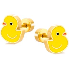 Duck Stud Earrings, Cute Yellow Duck Earrings Delicate Duck Gold Studs Jewelry Gift for Women Cartoon Animal Earrings Gifts Flat Screw Back Cartilage Earrings for Family Friends