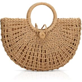 FENBEN Straw Hobo Bags for Women Round Beach Purse Large Woven Bag Vacation Handbag Khaki
