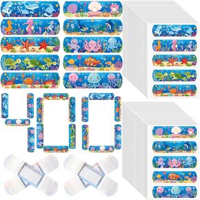 200 Pcs Kid Bandages Bulk Cute Cartoon Bandage Children's Adhesive Flexible Colorful Strip Waterproof Breathable PE Stickers Protection Care Cuts for Ocean Under Sea Party Girl Boy
