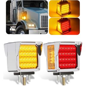 2pcs Amber/Red Square Double Face 60 LED LED LID LIGHT W/Chrome Bosit Stud Mount Mount Waterproof Fender Lights for Heavy Truck Trailer Freightliner Peterbilt Kenworth Mack Star